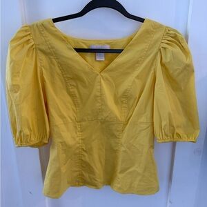 Rachell Parcell Yellow Feminine Puffed Sleeve Coquette Girl Vneck Blouse